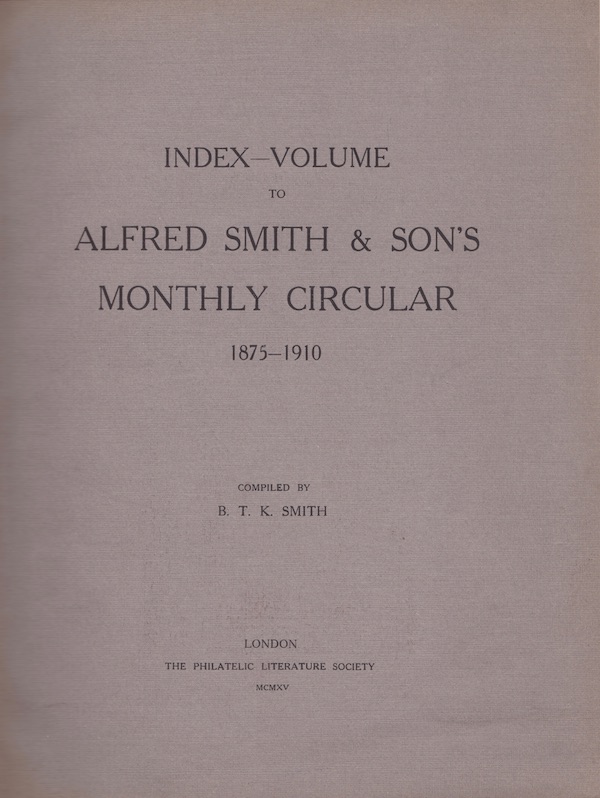 Journal of the Philatelic Literature Society 1915 Alfred Smith Index