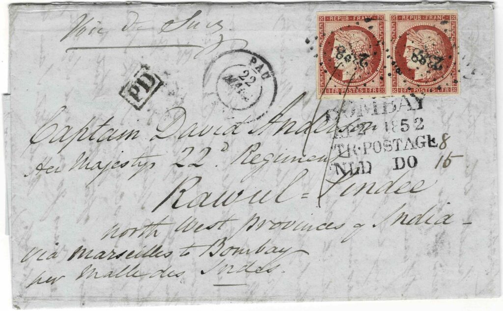 Figure 5. Entire letter (datelined 22 March 1852) from Pau, France to Rawul Pindee, Punjab
