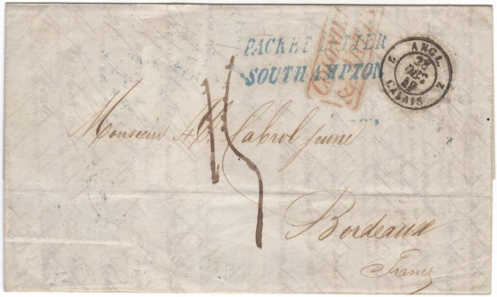 Figure 3. Front (above) and rear (below) of entire letter from Calcutta datelined 7 November 1849. Sent outside the Indian Post Office, a blue ‘PACKET LETTER / SOUTHAMPTON’ mark was applied on arrival on 26 December 1849. Sent to London and then on to Bordeaux where it arrived 31 December 1849. Postage of 15 decimes was marked as due from the recipient. Courtesy of Martin Hosselmann.
