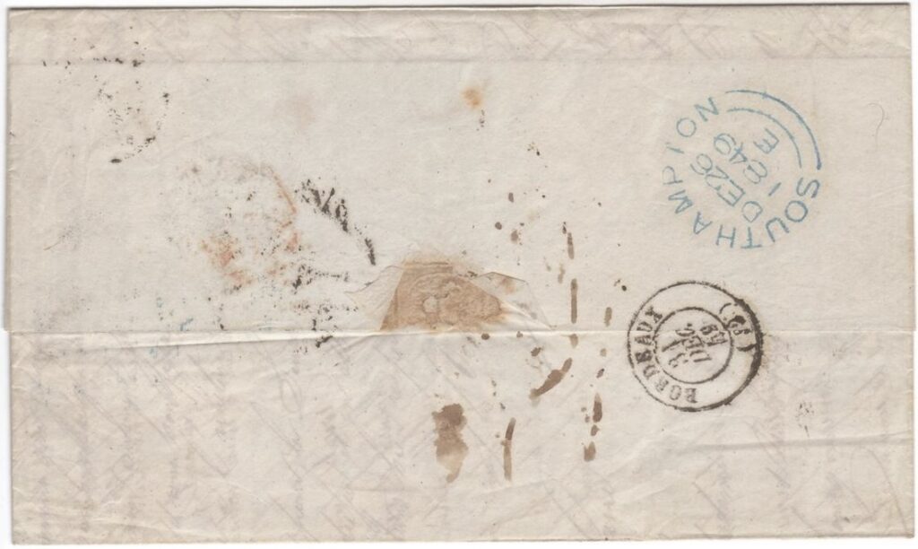 Routing: From Calcutta (8 November 1849) to Suez (4 December) via Madras, Galle (17 November) and Aden (4 December) on P&O Precursor. Overland across Egypt to Alexandria. From Alexandria (8 December) to Southampton (25 December) via Malta (13-14 December) and Gibraltar (18-19 December) on P&O Indus. Then, Southampton (26 December) to London inland. Finally, from London to Bordeaux (31 December 1849) via Calais (28 December) and the English Channel.