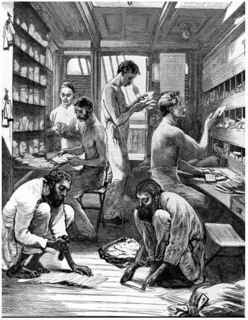 Figure 4. The Sea Post Office aboard P&O Pekin, 1875. Source: Alamy. While the picture is of sorting in the later-constituted Bombay-Aden Sea Post Office, a similar process (resulting in much the same scene) would have been performed on the Mediterranean Sea Post Office. Just replace the Indian men with Britishers though before picturing!