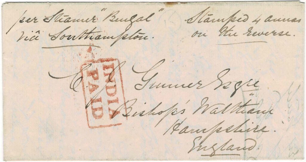 Figure 5. Front (above) and rear (below) of entire letter (datelined 22 July 1864) from Calcutta to Bishop’s Waltham, Hampshire, England stamped 4 annas.