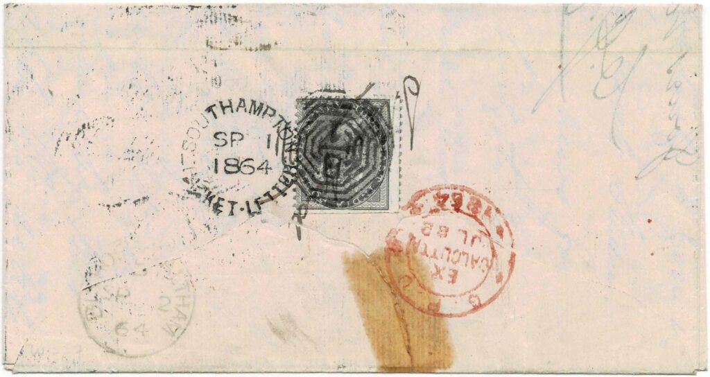 Routing: From Calcutta (23 July 1864) to Suez (18 August) via Madras, Galle (2 August), and Aden (12 August) on P&O Bengal. Overland to Alexandria. From Alexandria (20 August) to Southampton (1 September) via Malta (23 August) and Gibraltar (27 August) on P&O Poonah. Finally to Bishop’s Waltham (2 September 1864) inland.