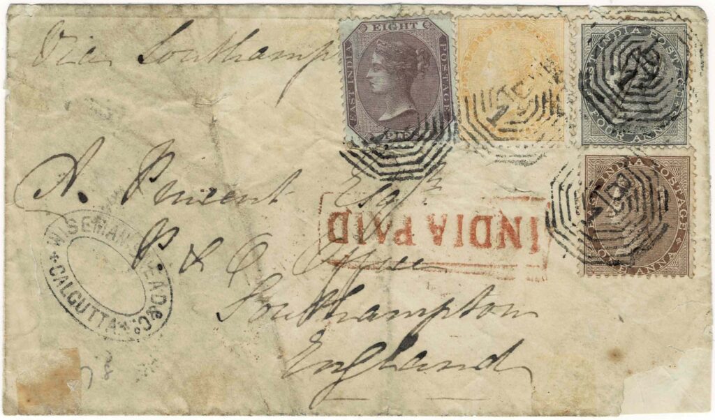 Figure 6. Front (above) and rear (below) of a four-colour franking cover from Calcutta to Southampton, England posted 9 August 1864 stamped 7 annas 8 pies. This cover is ex-Bryan Hunt, a specialist of Southampton postal history; it is supposedly the only cover from India bearing the ‘SPL’ that he had ever seen.