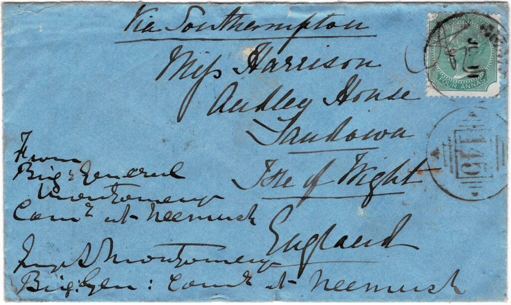 Figure 7. Both sides of Officers’ Letter from Neemuch to Sandown, Isle of Wight, England posted 11 July 1868.
